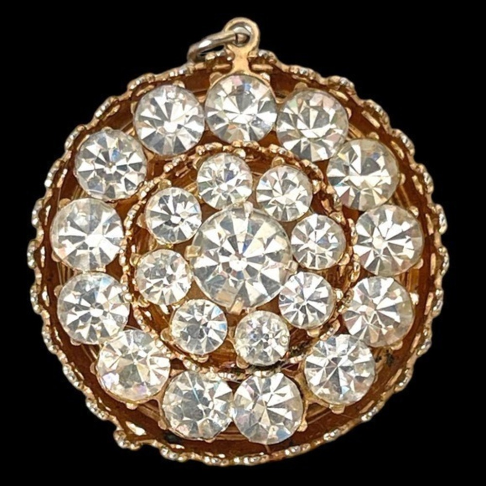 Vintage Round Signed Coro Pendant Layers of Clear Stones Gold-Tone 70s